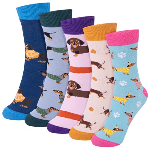 Riqiaqia 5 Paar Damen Socken Lustige Bunte Baumwolle Crew Socken mit Katze Hund Muster, Weihnachtsgeschenke für Damen Frauen, Einheitsgröße