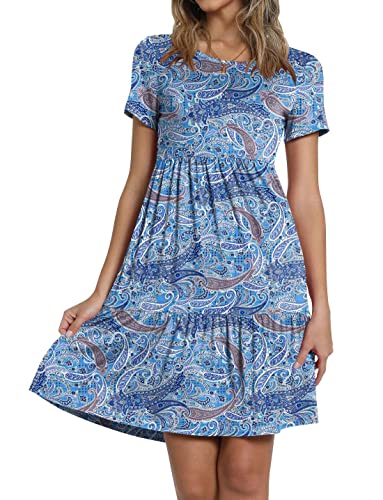 Taohuadao Women's 2023 Summer Casual Tshirt Dresses Short Sleeve Ruffle Swing Dress With Pockets Medium, Fl Cashew Cyan-Blue #TOP1