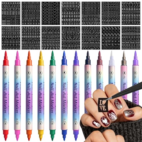 Nail Art Stencils Pens Set 12 Nail Art Pens Markers + 14 Sheets Nail Stencils Heart Lips Flowers Nail Stickers for Women Girl Nail Polish Pens for Nail Art Dotting Pen DIY Nails Art Design Tools