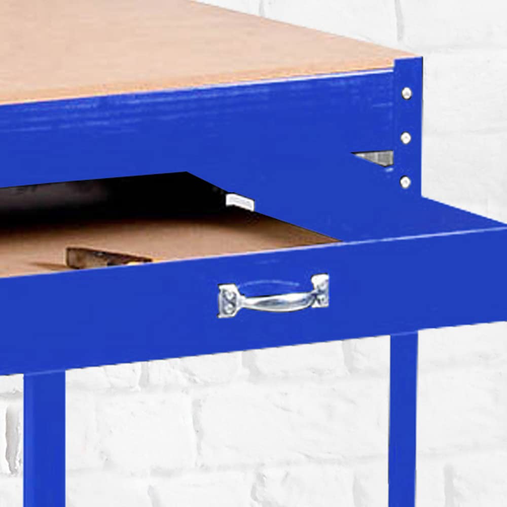 Neo Banco de trabajo de metal de acero banco de trabajo mesa de acero resistente clavija de acero cajón herramienta cobertizo de almacenamiento de garaje taller carpintería bricolaje (azul)