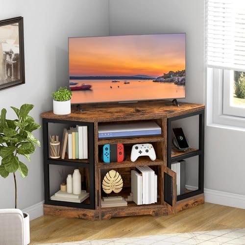 DWVO Farmhouse Corner TV Stand for Living Room, TV Stand for 55 Inch TV, Entertainment Center with Storage and Power Outlet, TV Console Cabinet, Rustic Brown