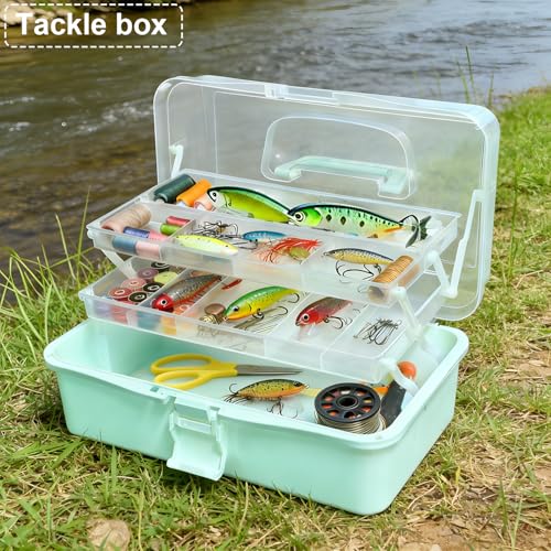 Image of DUOFIRE 13in 3-Layer Foldable Craft Organizers and Storage, Multipurpose Sewing Box, Portable Handled Plastic Tool Box Organizer, Craft Organizer for Sewing, Tools, Tackle or Art Supplies (Blue)