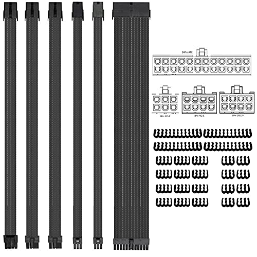 KOTTO Braided ATX Sleeved Cable Extension Kit for Power Supply Cable Kit, PSU Connectors, 24 Pin, 8 Pin, 6 Pin 4 + 4 Pin, 6 Pack, with Cable Comb 24 Pieces Set 24-Pin, 8-Pin, 6-Pin (Black)