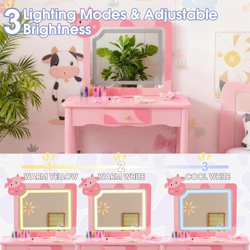 Image of Princess Vanity Table with Lights,Princess Makeup Vanity Desk with Storage Drawer, 2 in 1 Vanity Table & Chair Set with Mirror for Girls (Cow)