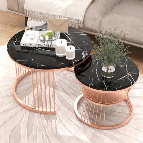 Image of Brown Art SHOPPEE Round Coffee Table Home Decor Furniture Coffee Table Sets,2 Piece MDF Top,Stacking Nesting Table with Iron Frame for Living Room Living Room or Lounge (Rosegold Black)