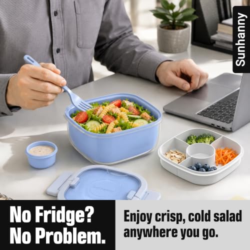 Image of Salad Container with Ice Pack & Handle, 6.8 Cup / 1600ml Large Portable Salad Bowl Lunch Box with Lid, Fork Holder & Sauce Cup, 4-Compartment Removable Tray Meal Prep Bento Box, Blue