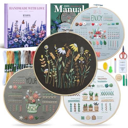 Image of ETSPIL Embroidery Kit for Adults, 2 Hoops, 4K Slow-Mo, Pre-Printed Patterns | Stitch Together. 17 Vibrant Floss, Bound Guide. Needle Minder, Storage Tube, All Tools. No Washing. Relaxing Craft for Women