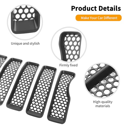 Image of Hoolcar Front Grill Insert Cover Trim Kit Compatible with Jeep Wrangler JL JLU 2018-2024 2025 Front Honeycomb Grille Cover Guard Exterior Accessories, Matte Black, 7 PCs