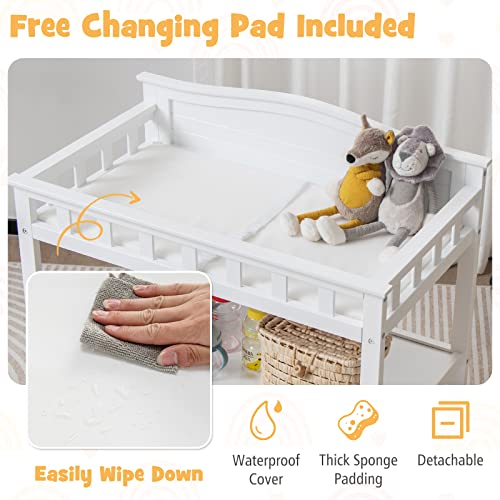 Costzon Baby Changing Table, Infant Diaper Changing Station W/Waterproof Changing Pad, Safety Strap, Storage Shelves, Mobile Nursery Organizer For Newborn, Portable Changing Table With Wheels (White) #TOP2