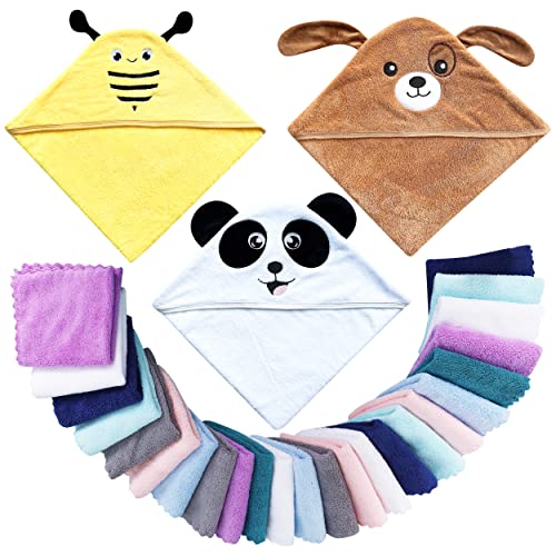 Image of Lovely Care 3 Pack Baby Hooded Bath Towel with 24 Count Washcloth Sets for Newborns Infants & Toddlers, Boys & Girls - Baby Registry Search Essentials Item - Dog, Panda, Bee