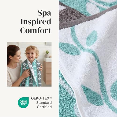 Image of Modern Threads 6 Piece Bath Towel Set - Bathroom Set with 2 Bath Towels, 2 Hand Towels, and 2 Wash Cloths - 100% Cotton, Super Absorbent & Extra Soft - Reversible Natural Vine (Aqua)