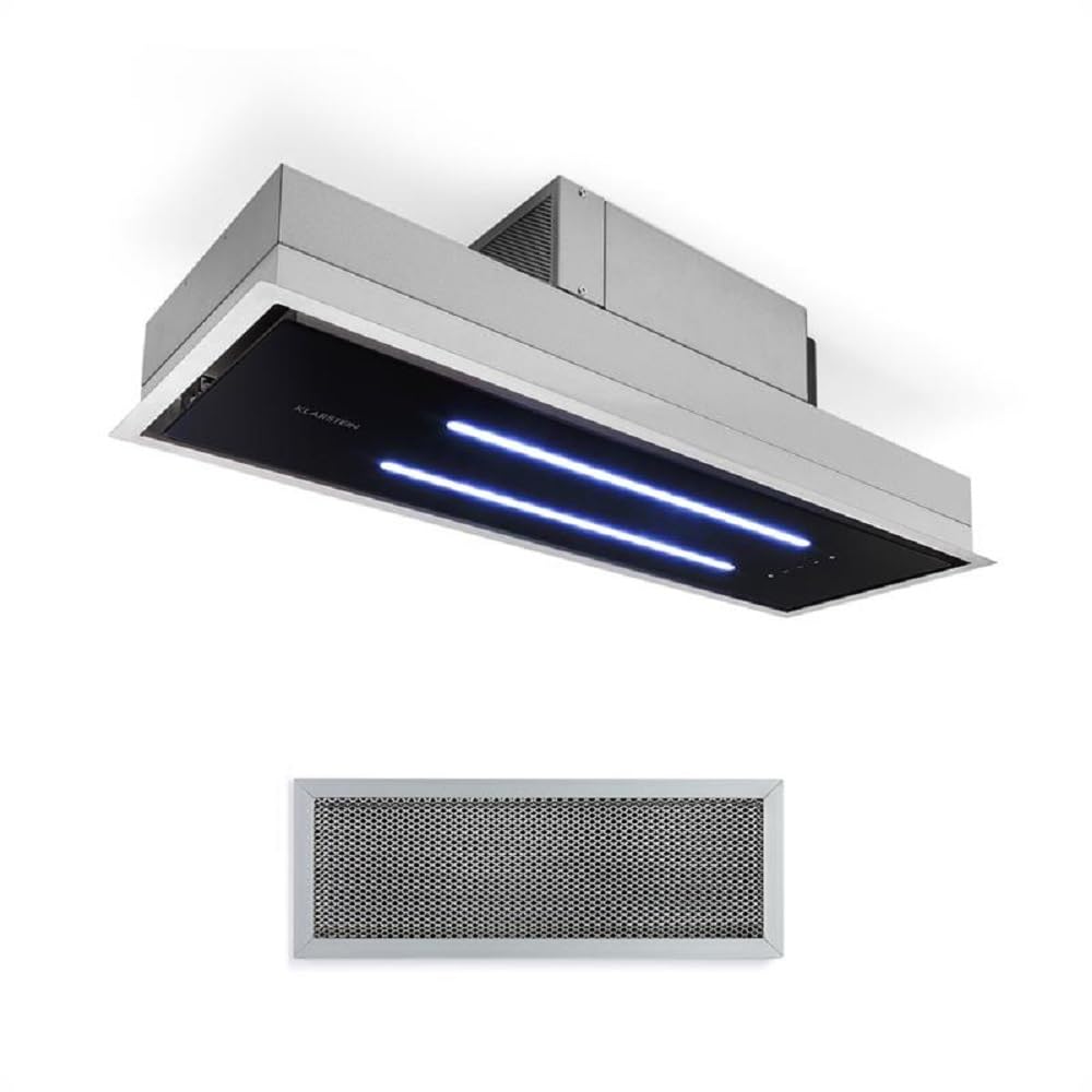 High Line Ceiling Hood - Built-In, 77 cm, 410 m3 / h, Circulating/Exhaust Air, 3 Steps, LED, Remote Control, Activated Carbon Filter, Substructure Hood, Stainless Steel/Black Glass