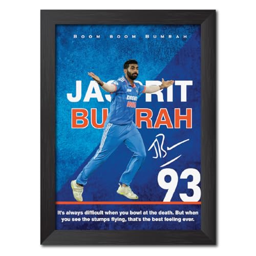 Image of TenorArts Jasprit Bumrah Poster with Quotes Indian Legend Cricket Player Photo Frame Painting with Matt Finish Black Textures (12 inches x 9inches)