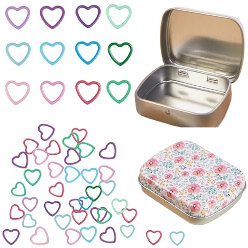 Image of Hilsayum 50Pcs Heart Shape Stitch Markers for Crocheting,Crochet Stitch Markers with Floral Design Small Tin Box