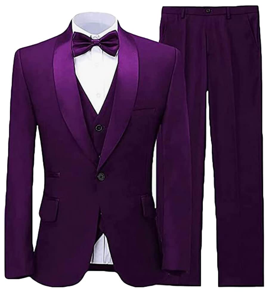 Botong Boys Purple 3 Pc Shawl Lapel Tuxedos Suit Slim Fit Blazer Vest Pants Party Suit Kids Wedding Tuxedos Formal Suit 14T