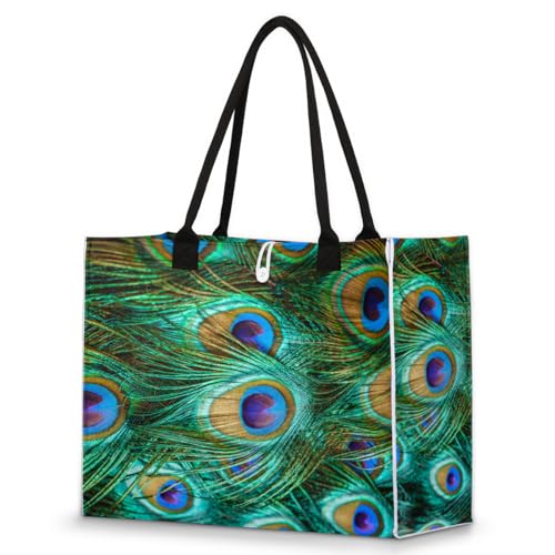 Animal Peacock Feathers Tote Bag for Women Large Beach Bag Reusable Tote Bags for Work Travel Beach Shopping