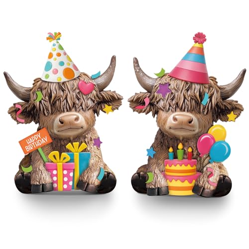Karenhi 2 Pcs Birthday Highland Cow Figurines Resin Cow Gnomes Party Hat Gifts Balloons Cake Farmhouse Scottish Resin Statue Calf Lovers Gifts for Home Garden Kitchen Office Tiered Tray Table Decor