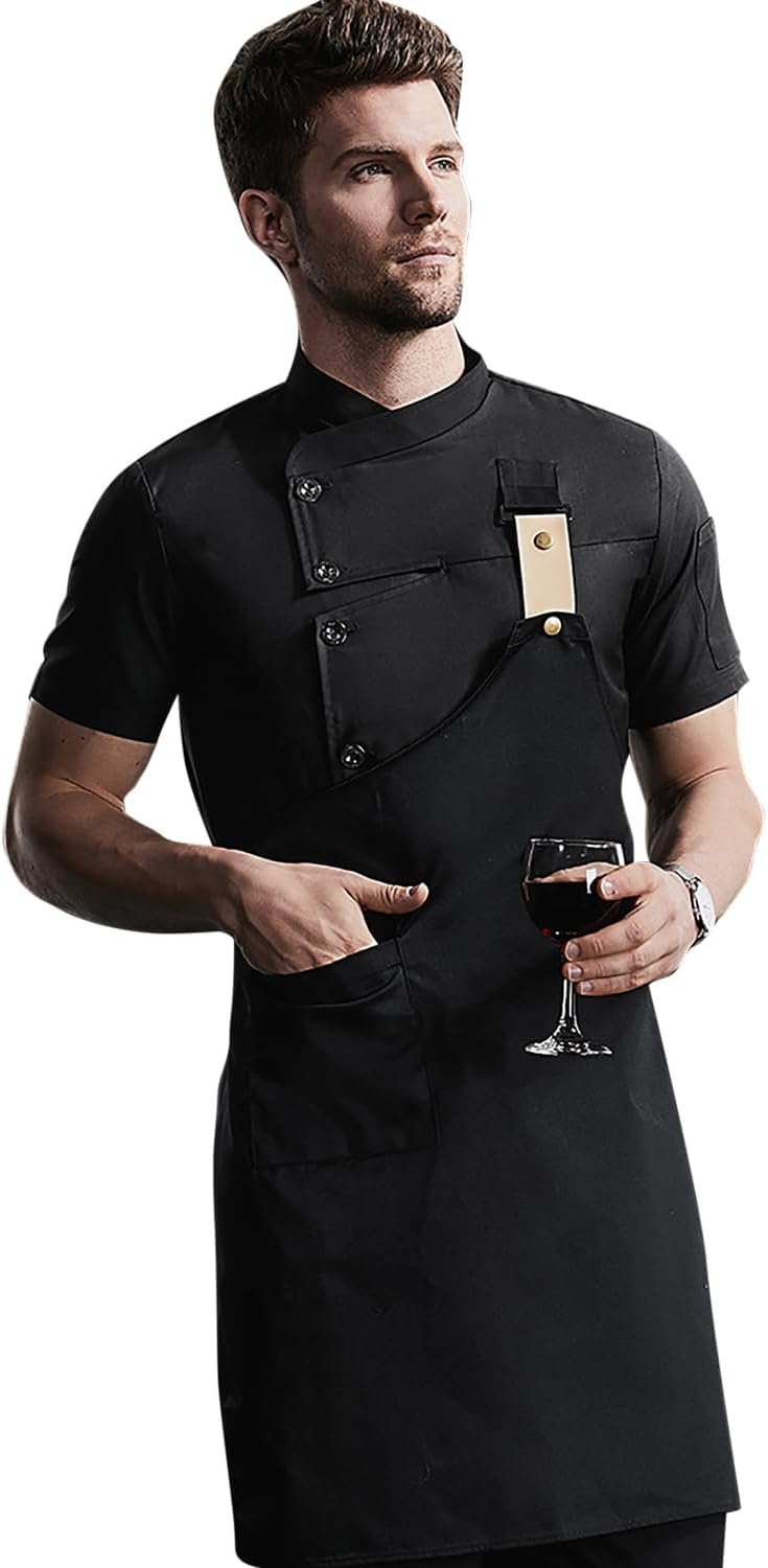 Men's Fashion Chef Coat Back Breathable Hidden Vent Chef Uniform Chef Jacket Set (Coat+Apron) - Image 3