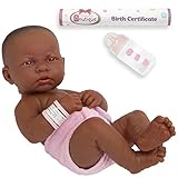 JC Toys - La Newborn First Day African American| Anatomically Correct Real Girl Baby Doll | 14' All-Vinyl Baby Doll | Includes Hospital Blanket, Bracelet and First Baby Bottle| Made in Spain | Designed by Berenguer | Ages 2+ , Pink