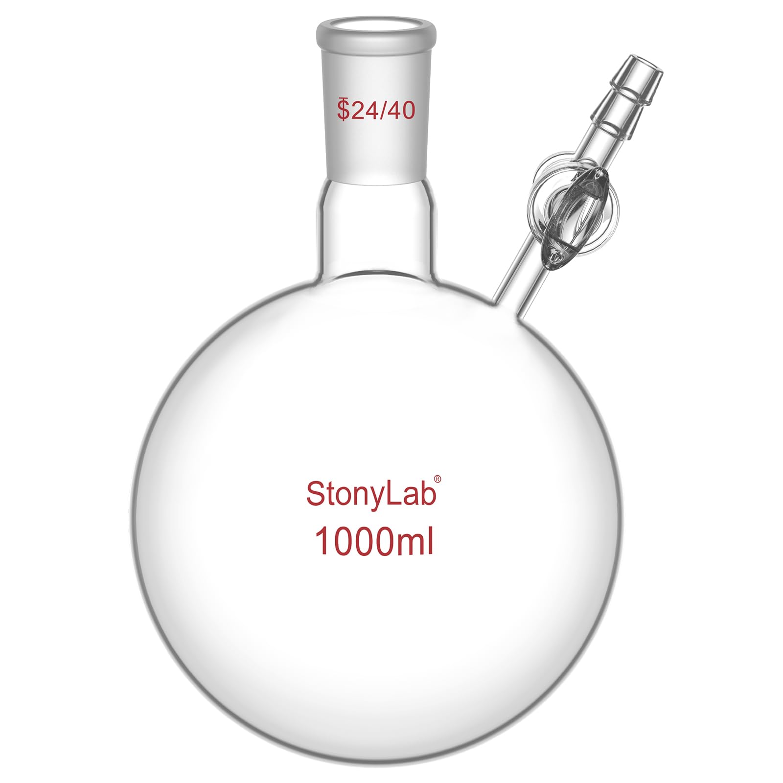 stonylab Matraz de Reacción con Llave de Paso de Vidrio, Conexión 24/40, Matraz de Fondo Redondo de Vidrio Borosilicato de Cuello Único, para Experimentos y Aplicaciones en Laboratorio, 1000 ml