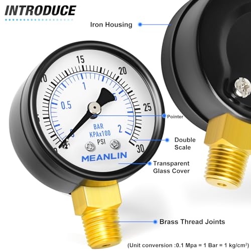 Image of MEANLIN MEASURE 0-30Psi Well Pump Pressure Gauge 1 /4 inch NPT 2 inch FACE DIAL for Pool Sand Filter Water Oil Air Pressure Test Lower Mount, with Teflon Tape