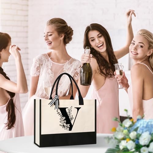 Image of Personalized Initial Canvas Tote Bag, Suitable for Birthday, Wedding, Beach, Holiday, Gifts for Women, Mom, Teachers, Nurses, Best Friends, Bridesmaids (V)