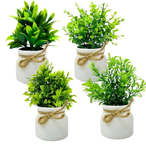 Image of Dekorly Plastic 4pcs Artificial Pot Flowers Small Fake Plants with Pot Mini Potted Plants for House Office Tabletop Decoration (White)