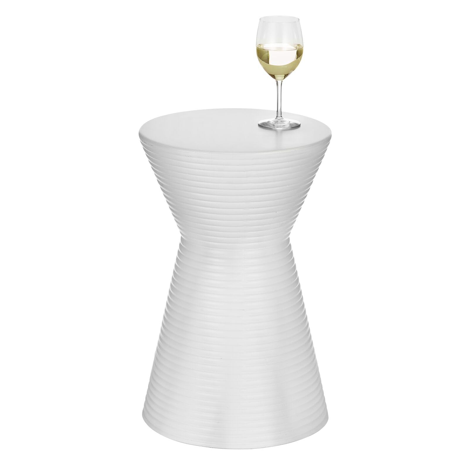 mDesign Round Hourglass Concrete Side Table - Solid Fluted Table for Indoor/Outdoor Use, Living Room, Patio - Modern Accent/End Stone Table - Drum End Table for Fans of Minimalist Furniture - White