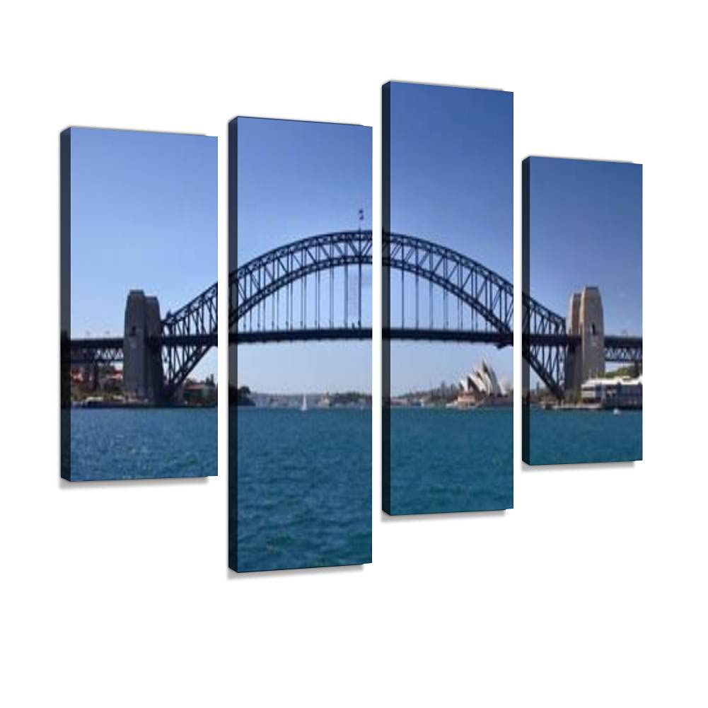 Canvas Print Artwork sydney australia Harbour bridge full side view panoramic iconic image Wall Art Pictures Framed Digital Print Abstract Painting Room Home Office Decor Ready to Hang - 4 Panel