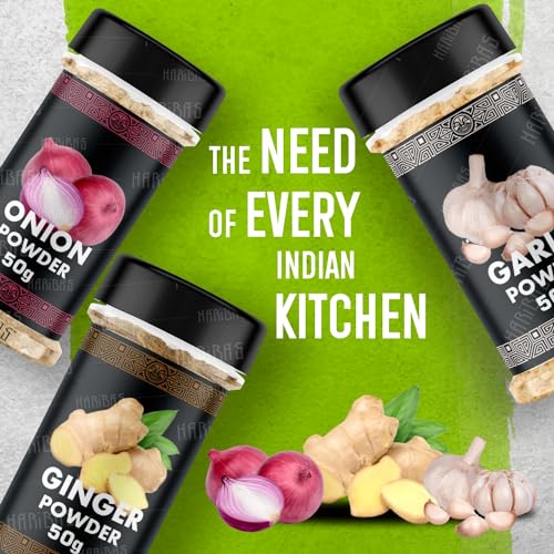 Image of HARIBAS Combo Dry Onion Powder, Garlic Powder and Ginger Powder (Adrak /Sunth) 50gm Each | For Cooking & Baking | Gluten Free Seasoning (Pack of 3)