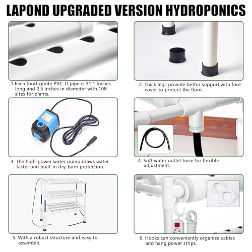 LAPOND Kit de sistema de cultivo hidropônico, 108 locais de plantas, 3 camadas, tubos PVC-U de grau