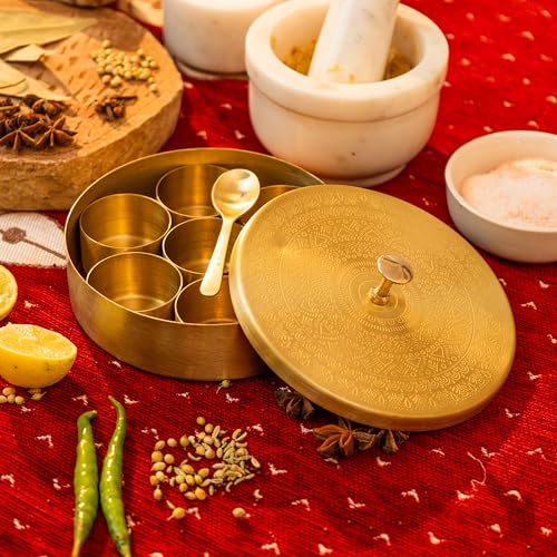 Image of Chutki Brass Masala Box with Spoon | Brass Spice Bowls | Handcrafted Masala Box Organizer | Kitchen Spice Storage Box