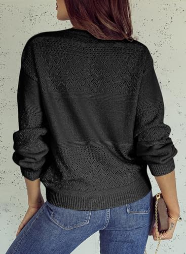 Image of SHEWIN Women's Sweaters Casual Long Sleeve V Neck Crewneck Lightweight Crochet Pullover Sweater Tops