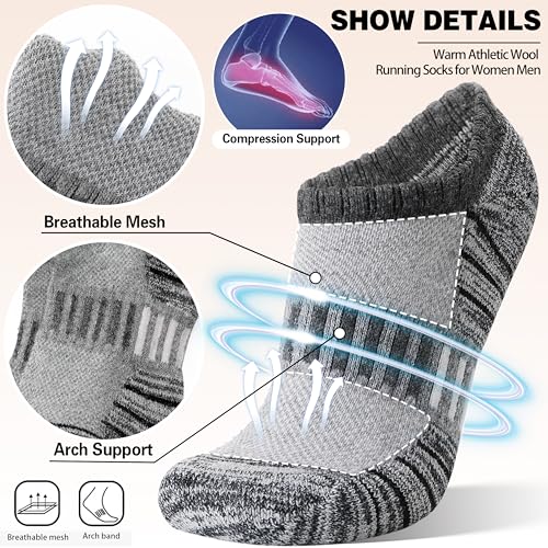 Image of Merino Wool Ankle Athletic Running No Show Socks Cushioned Breathable Sports Warm Thick Socks for Men and Women 6 Pairs