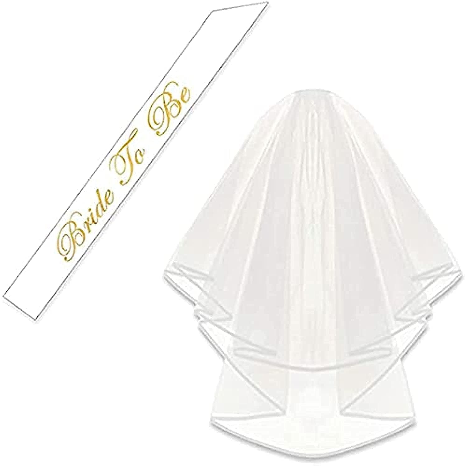 ORiTi Double Ribbon Edge Center, Cascade Bridal Wedding Veil with Comb and Bride to Be Satin Sash, Bachelorette Party Decorations Supplies, White