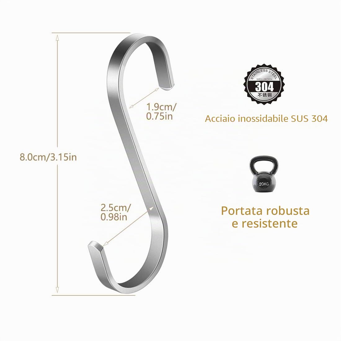 Confezione da 10 ganci a S in acciaio inox a forma di S, ganci in metallo resistenti per utensili da cucina, ufficio, bagno, armadio, officina, garage, ufficio, casa