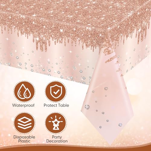 Image of Ganeen 3 Pcs Rose Gold Tablecloths Glitter Diamond Disposable Plastic Table Cover Sequin Printed Rectangle Tablecloths for Girl Women Birthday Wedding Party Decor Supplies, 54 x 108 Inch