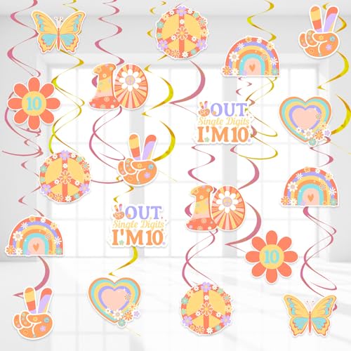 Jollyboom Décorations de 10e anniversaire groovy pour fille, 24 chiffres simples « Peace Out » « I'm 10 » à suspendre au plafond pour fête d'anniversaire rétro hippie bohème