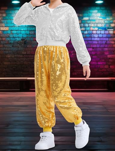 SEAUR Mädchen Pailletten Hose Party Streetwear Hip Hop Tanzhose Kinder Jungen Tanz Glitzer Jogginghose Elastischer Bund - 130(EU 122-128)