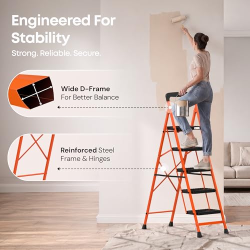 Image of BonKaso Climb Easy 5 Step Heavy Duty Steel Folding Climbing Ladder for Home, Home & Office - with Safety Lock, Anti-Slip Wide Steps, Support Handle & Tool Tray (Orange & Black)