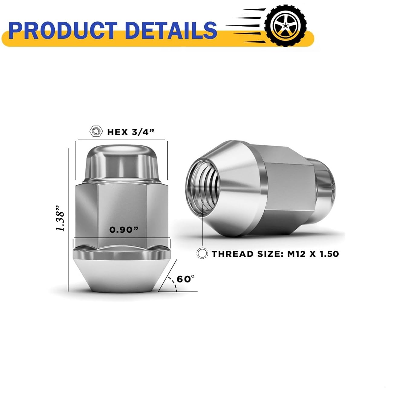 Chrome Wheel Lug Nuts - M12x1.5, 5 Pack -3
