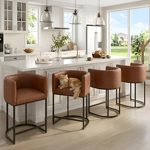 Image of HNY Modern Barrel Counter Height Clearance Bar Stools Set of 4, 24 Inch Kitchen Bar Stools with Back, PU Leather Barstools Bar Height for Island with Black Metal Tubular Frame, Brown