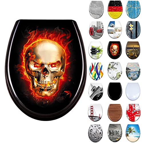 LARS360 Tapa de WC, Asiento Inodoro para Cualquier Modelo, Tapa de Inodoro con Cierra Suave y Lenta en Forma de Oval (Calavera de llamas)