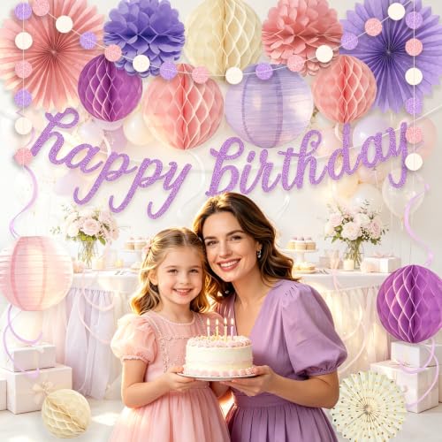 Image of Pink Purple Birthday Decorations for Women Girls, Pre-Strung, 24pcs | Happy Birthday Banner, Honeycomb Balls, Paper Flowers, Lanterns, Streamers, Dots Garland for Happy Birthday Party Decorations