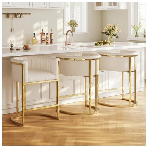 Mearounliving 26 H Counter Height Bar Stools Set of 3 Modern Barrel Counter Stools with Backrest and Arms Faux Leather Upholstered Accent Barstools for Kitchen Island Gold Metal Frame/Ivory White