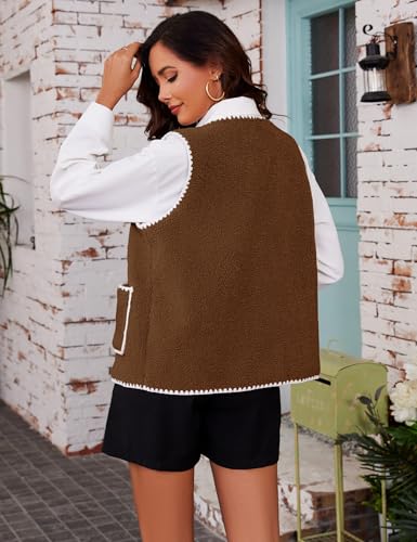 Women Fleece Lightweight Vest V Neck Open Front Button Down Sleeveless Casual Warm Sherpa Outwear with Pockets4
