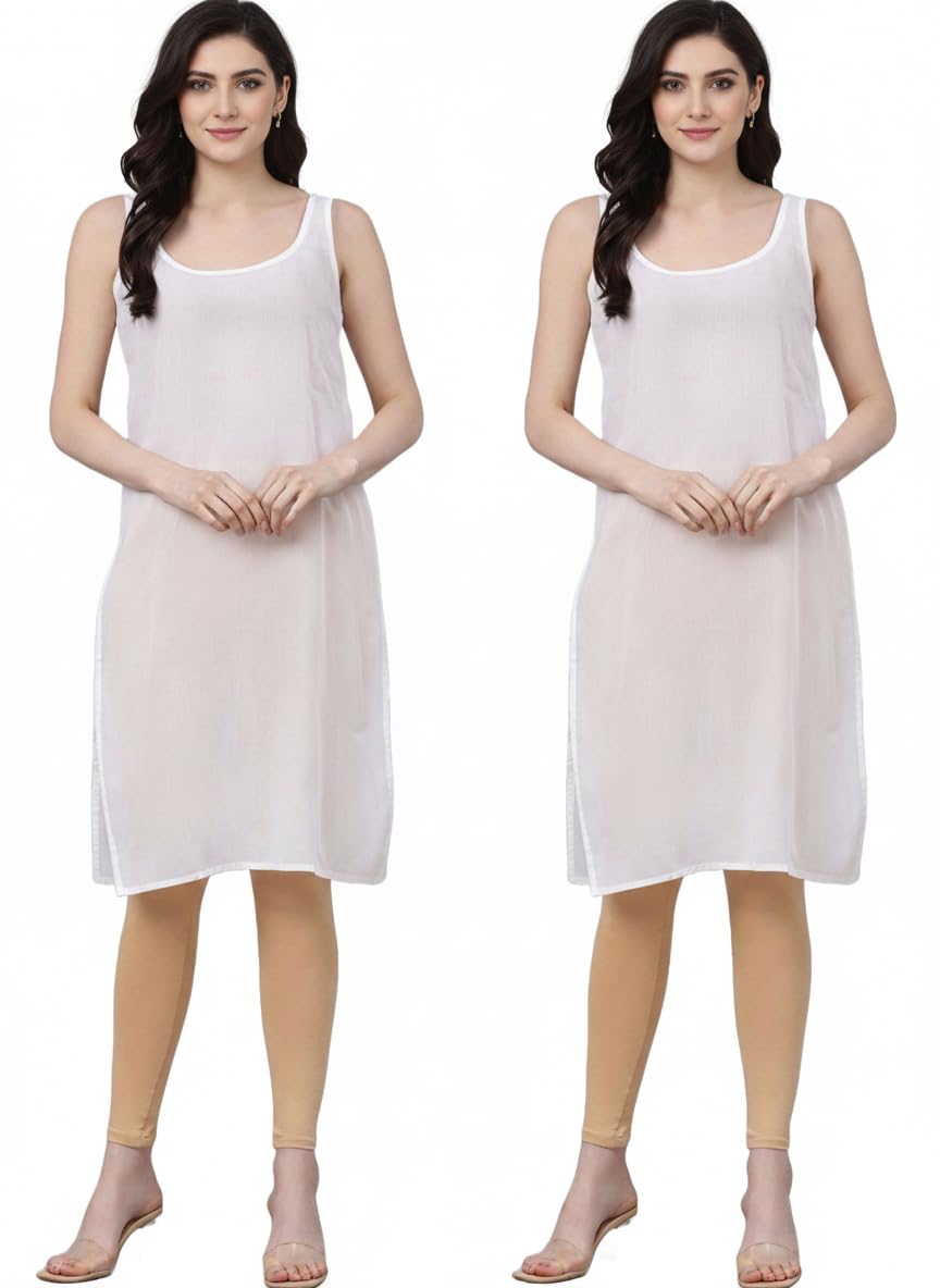Women Long Cotton Slip Pack of 2 | 41 Inch Knee Length Sameej with 21 Inch Side Slit | Sleeveless Scoop Neck Camisole Innerwear for Kurti, Dresses & Nightwear | S to XXXL-image-48