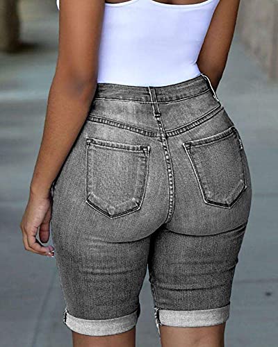 roswear Women's Ripped Denim Destroyed Mid Rise Stretchy Bermuda Shorts Jeans Dark Grey Medium
