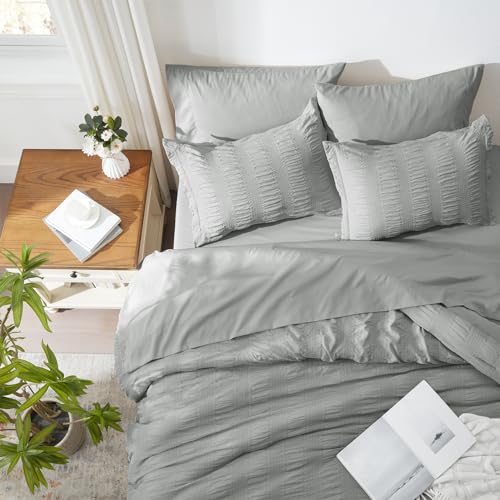 Image of Zzlpp Full Comforter Set 7 Pieces, Grey Seersucker Bed in a Bag with Comforter and Sheets, All Season Bedding Sets with 1 Comforter, 2 Pillow Shams, 2 Pillowcases, 1 Flat Sheet, 1 Fitted Sheet