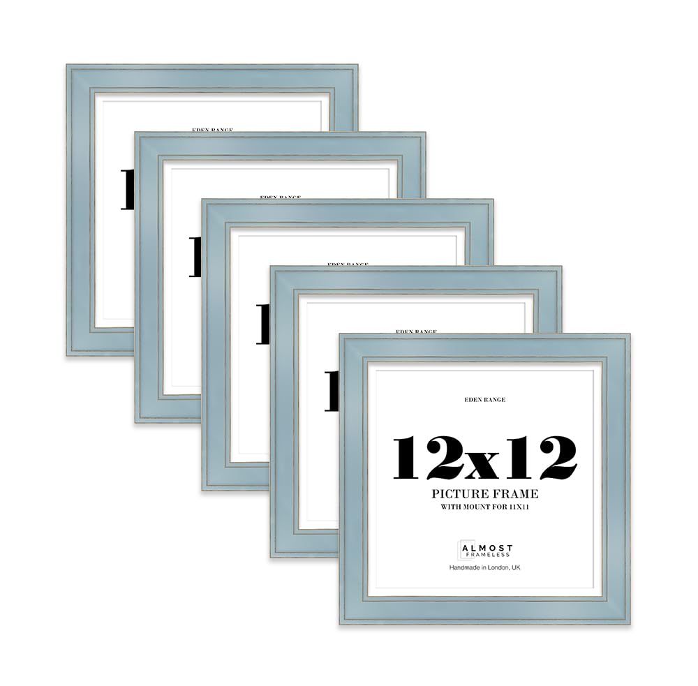 12x12" Cornflower Blue Square Picture Frame with 11x11" Mount - Shabby Chic Photo Frame with Distressed Finish, Gold Trim, Wall Hooks and Kickstand, 37mm Edge - 5 Pack